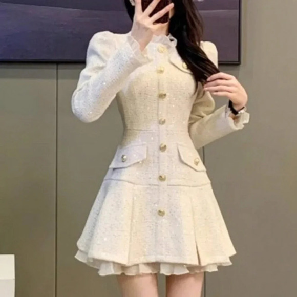 Apricot Elegant Women's Sequin Tweed Pleated Single Breasted Mini Dress - Picture 5 of 7